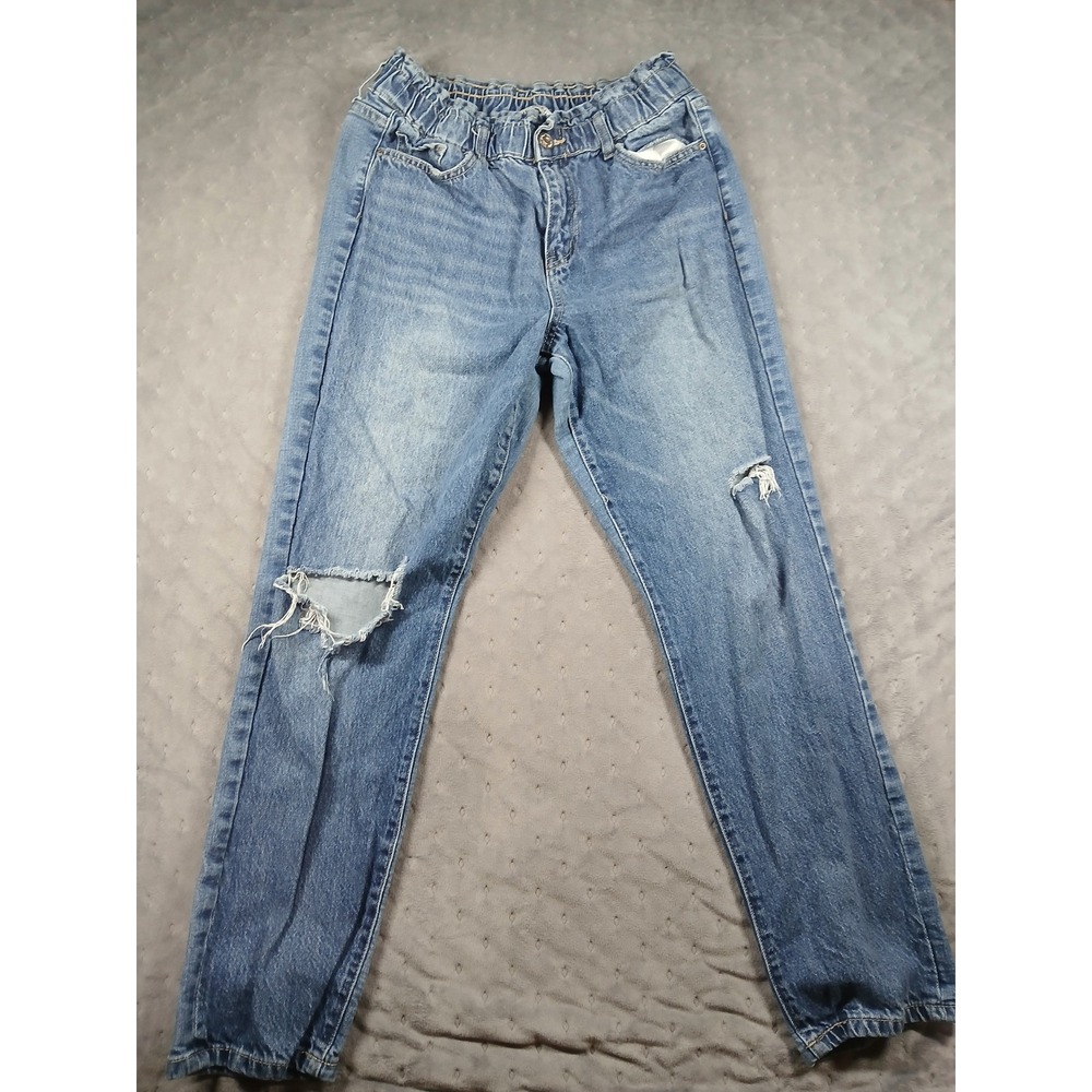 YMI Dream High Waisted Mom Jeans Medium Wash Distressed Elastic Waist Womens